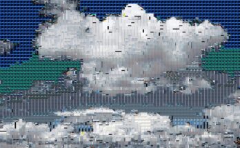 A mosaic-like image of clouds, made of server and data center components, symbolizing the hidden physical infrastructure of cloud computing.